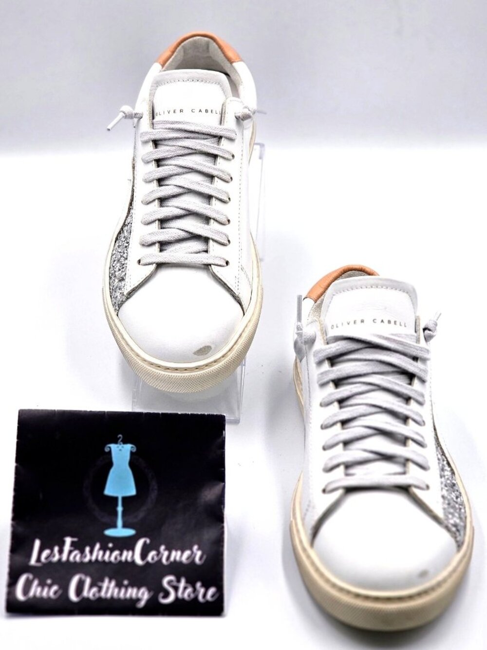 NWOB Oliver Cabell Women Low 1 LEEDS White Leather Sneakers Glitter  Sz 5.5 2254 - Picture 4 of 16